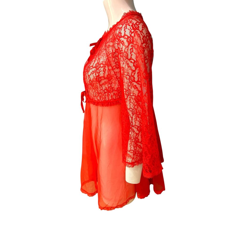 Vintage 60s Red Sheer Lace Babydoll Lingerie Peignoir Robe Small Nylon - - Picture 5 of 8